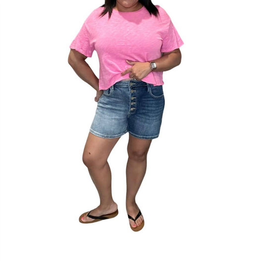 Risen - High Rise Contrast Wash Button Fly Shorts