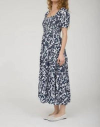 August Sky - Floral Puff Sleeve Smocked Tiered Midi Dress