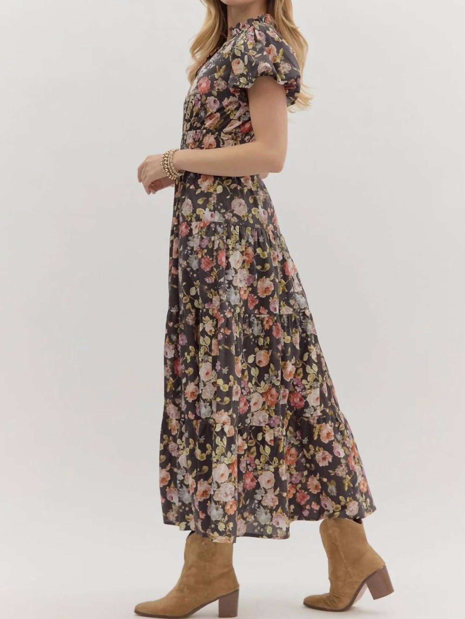 Entro - Women's Floral Puff Sleeve Midi Dress