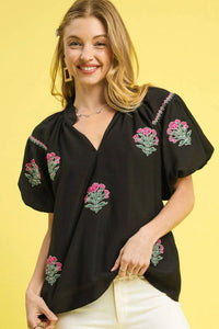 Umgee - Embroidered Floral Puff Sleeve Blouse