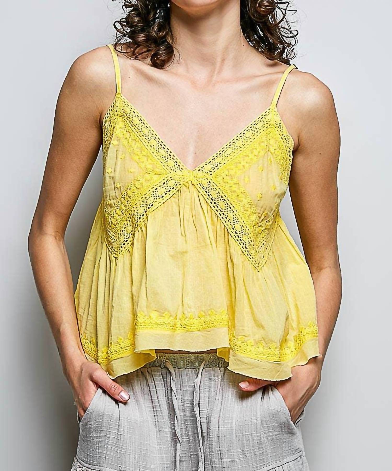 Pol - V-neck Sleeveless Embroidered Woven Top