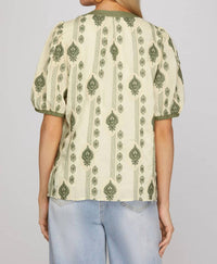 She + Sky - Sage Embroidered Bubble Sleeve Top