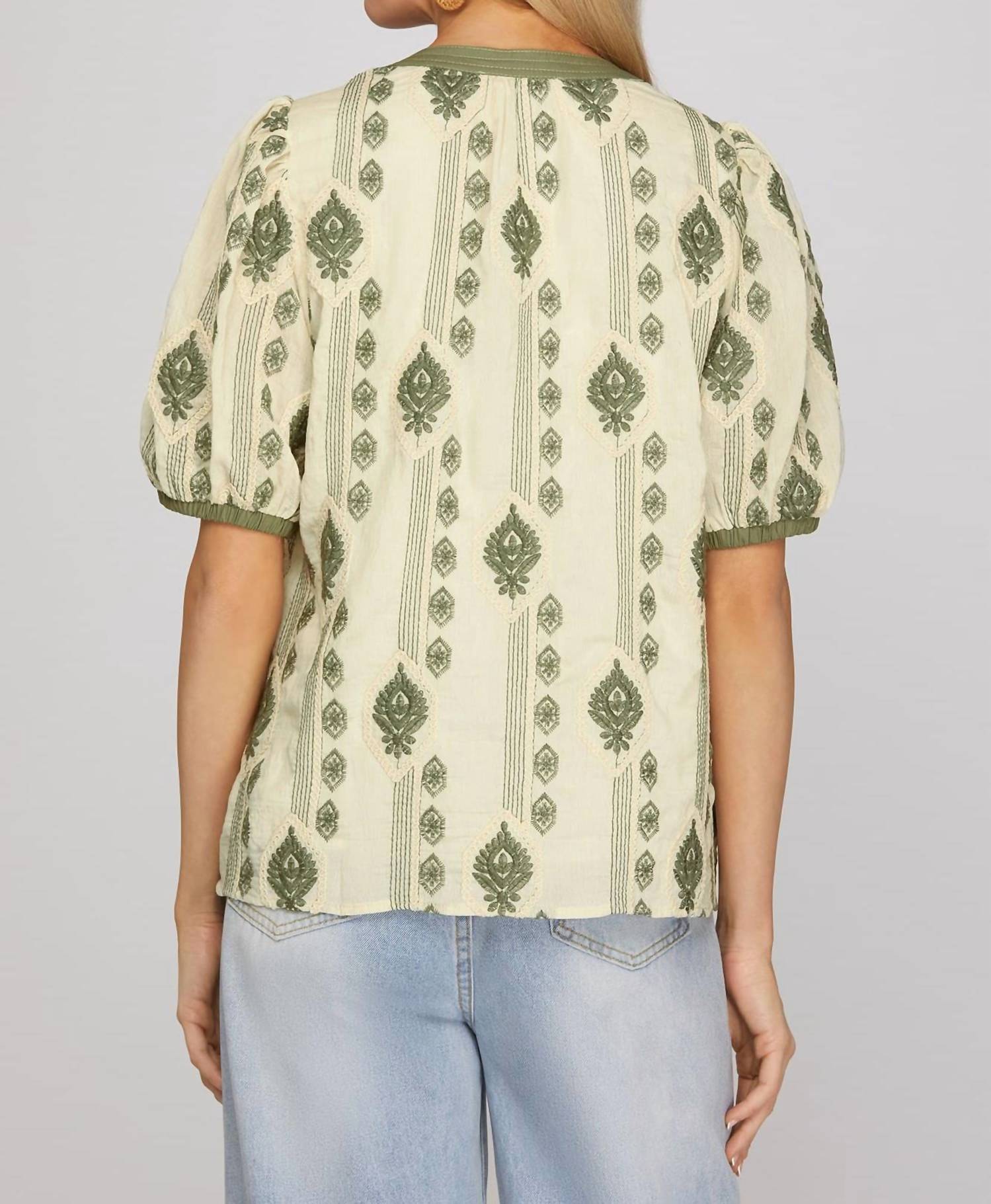 She + Sky - Sage Embroidered Bubble Sleeve Top