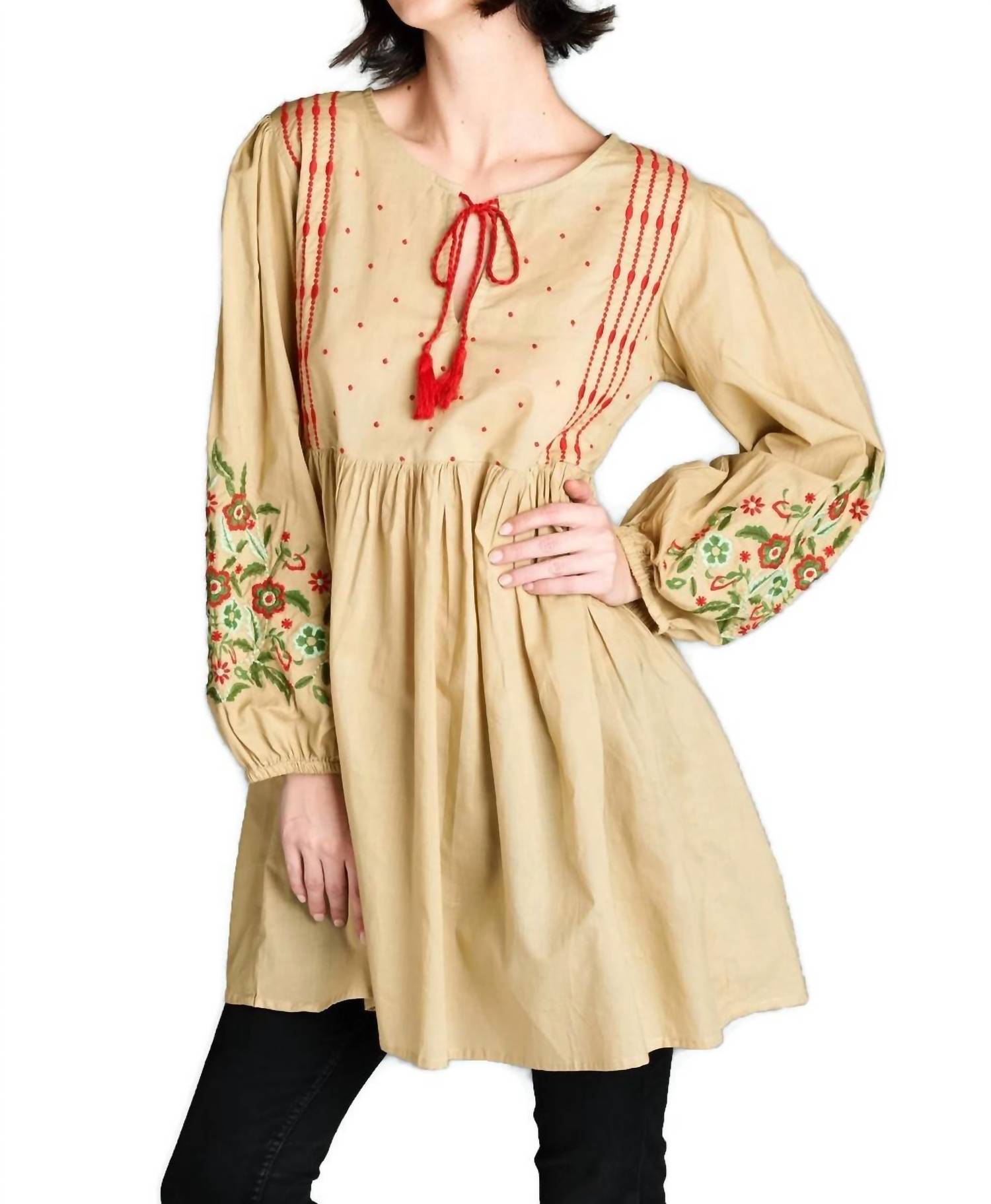 Velzera - Floral Embroidered Peasant Mini Dress