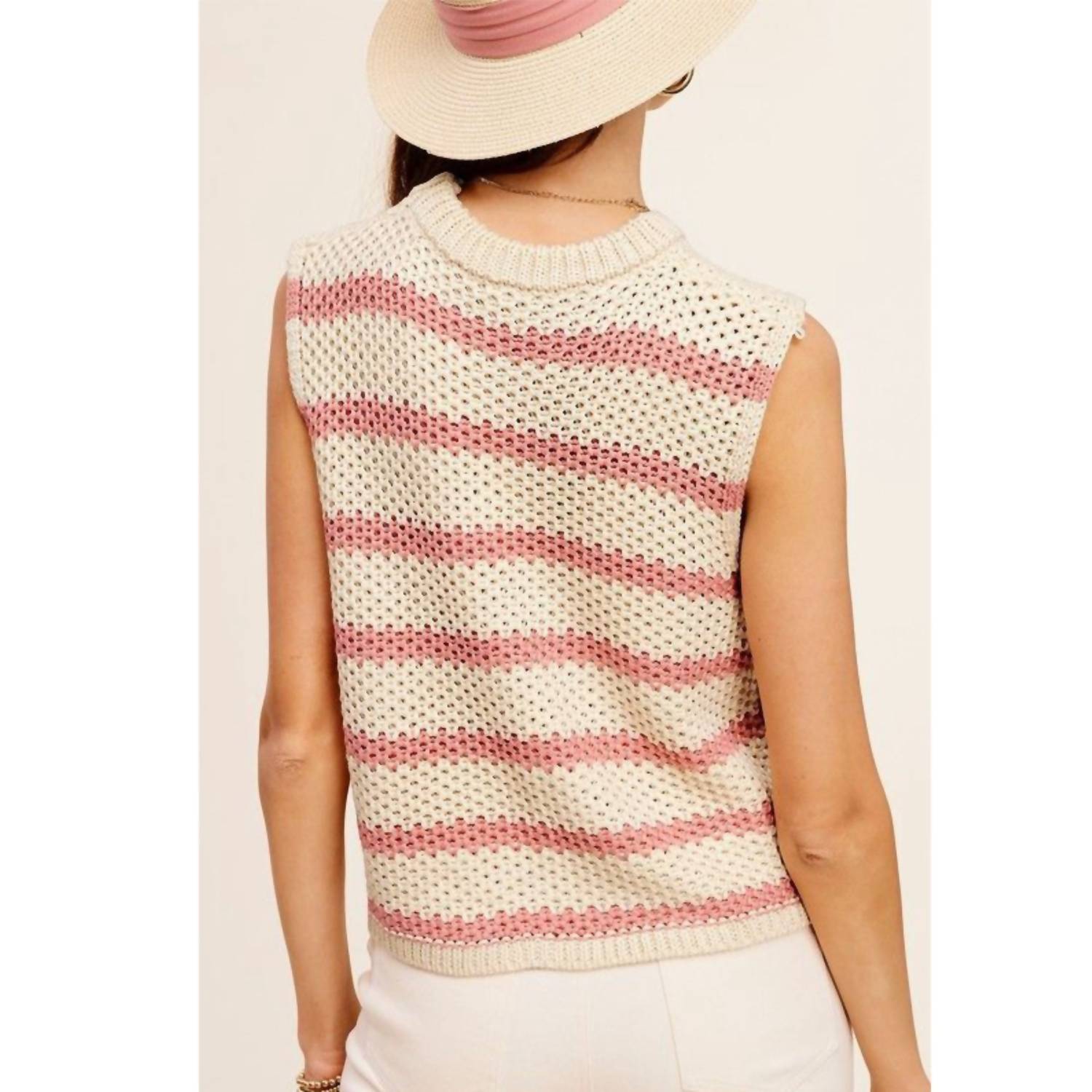 LA MIEL Coastal Open Knit Sweater Vest in cream coral pink - women's jacket - alternate view