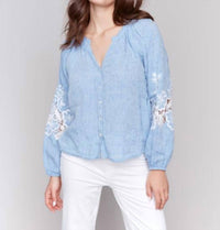 Charlie B - Cotton-linen Button-front Blouse With Embroidery