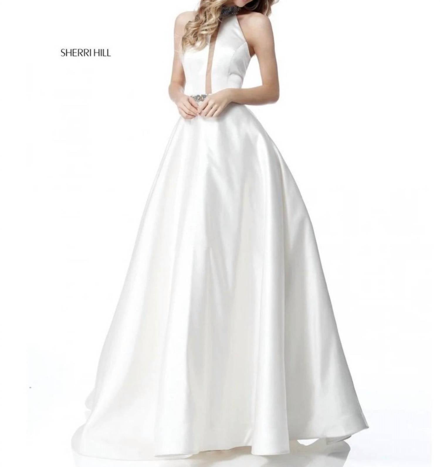 Sherri Hill Beaded Halter Ball Gown in ivory - women's dress - detail view