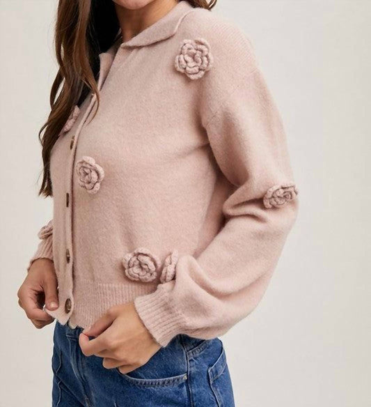Bluivy - Floral Embroidered Collar Knit Cardigan