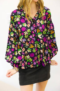 Karlie - Floral Satin Button Puff Sleeve Top