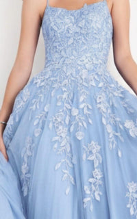 JOVANI Spaghetti Strap Embroidered Prom Gown in light blue - women's dress - detail view