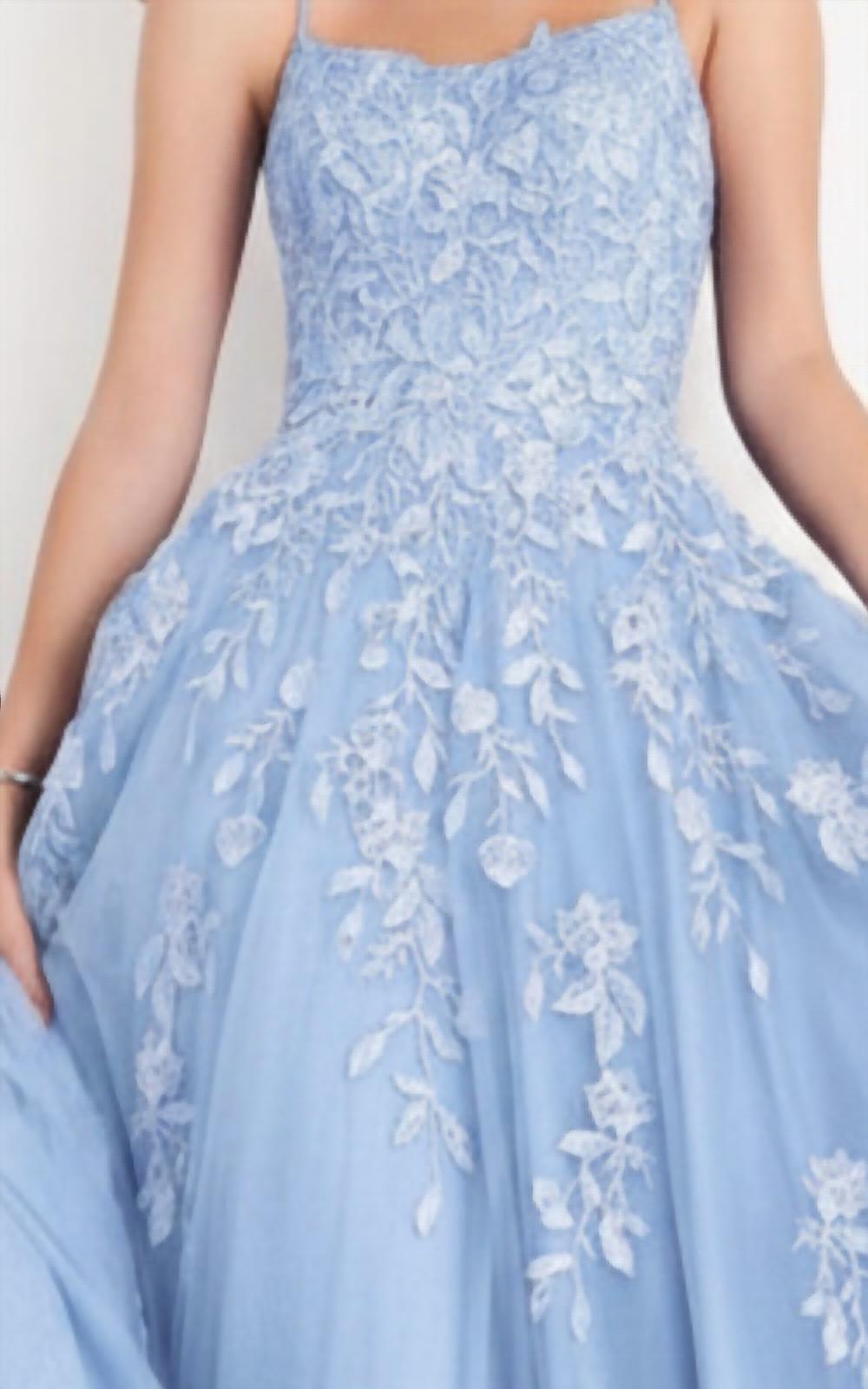 JOVANI Spaghetti Strap Embroidered Prom Gown in light blue - women's dress - detail view