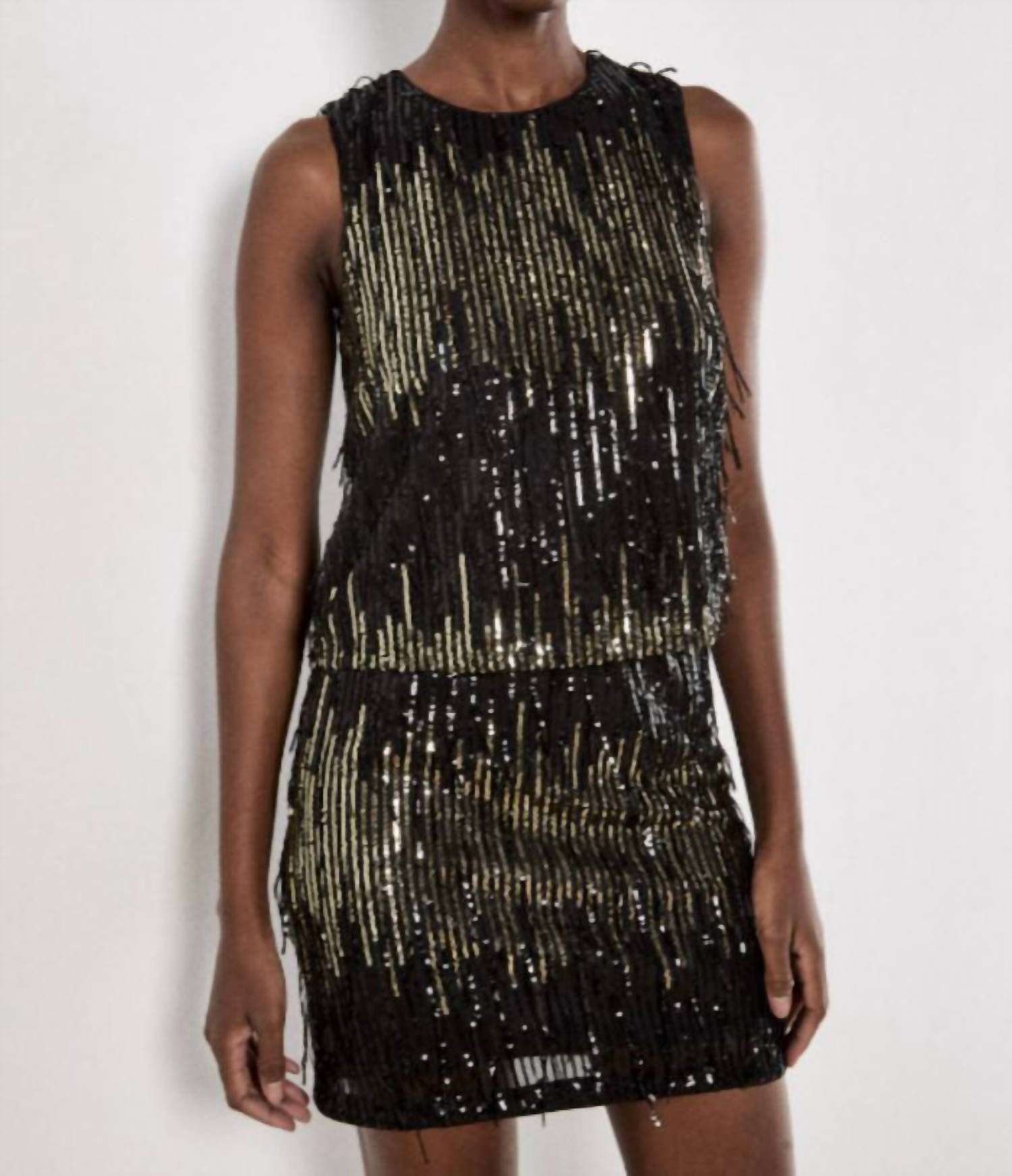 APRICOT Sequin Stripe Fringe Shell Top in black - women's blouse