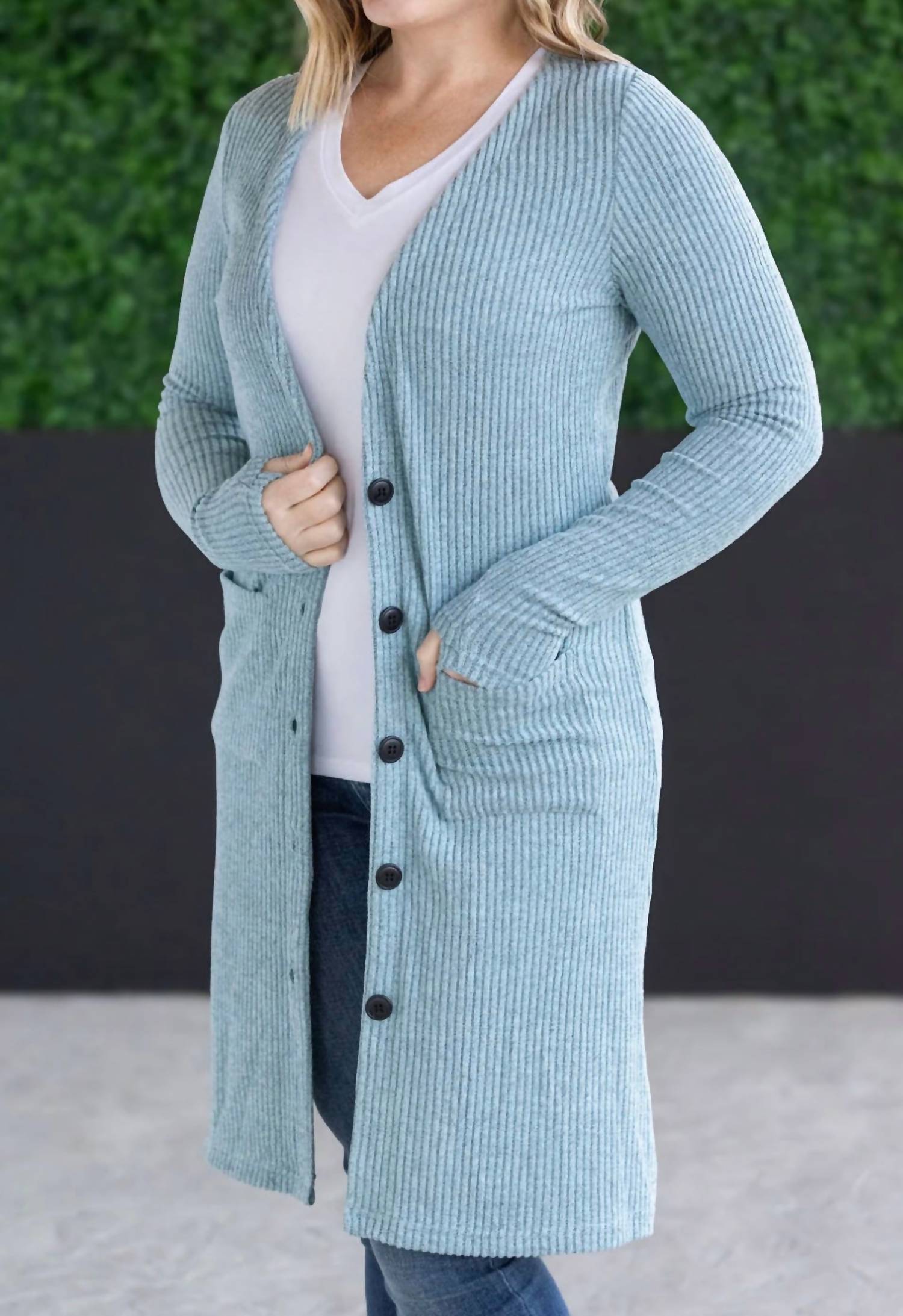 Michelle Mae Rachel Ribbed Cardigan With Pockets in blue - women's cardigan