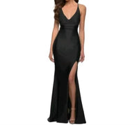 La Femme - Plunging Neck High Slit Strappy Back Gown Dress