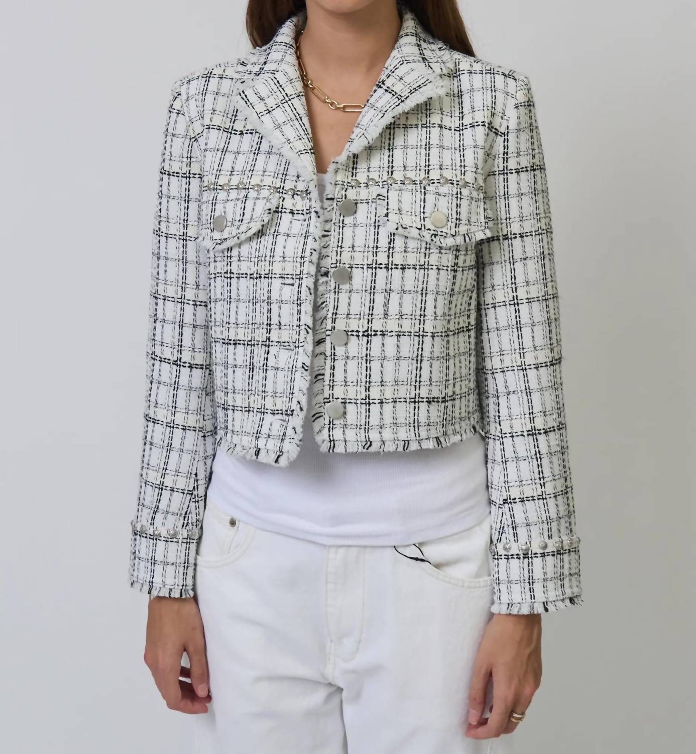 Central Park West Logan Studded Tweed Jacket in black white - women's jacket
