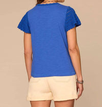 Democracy - Short Crochet Flutter Sleeve Scoop Neck Knit Top