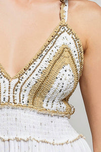 Pol - Corfu Crochet Sequin Metallic Halter Maxi Dress