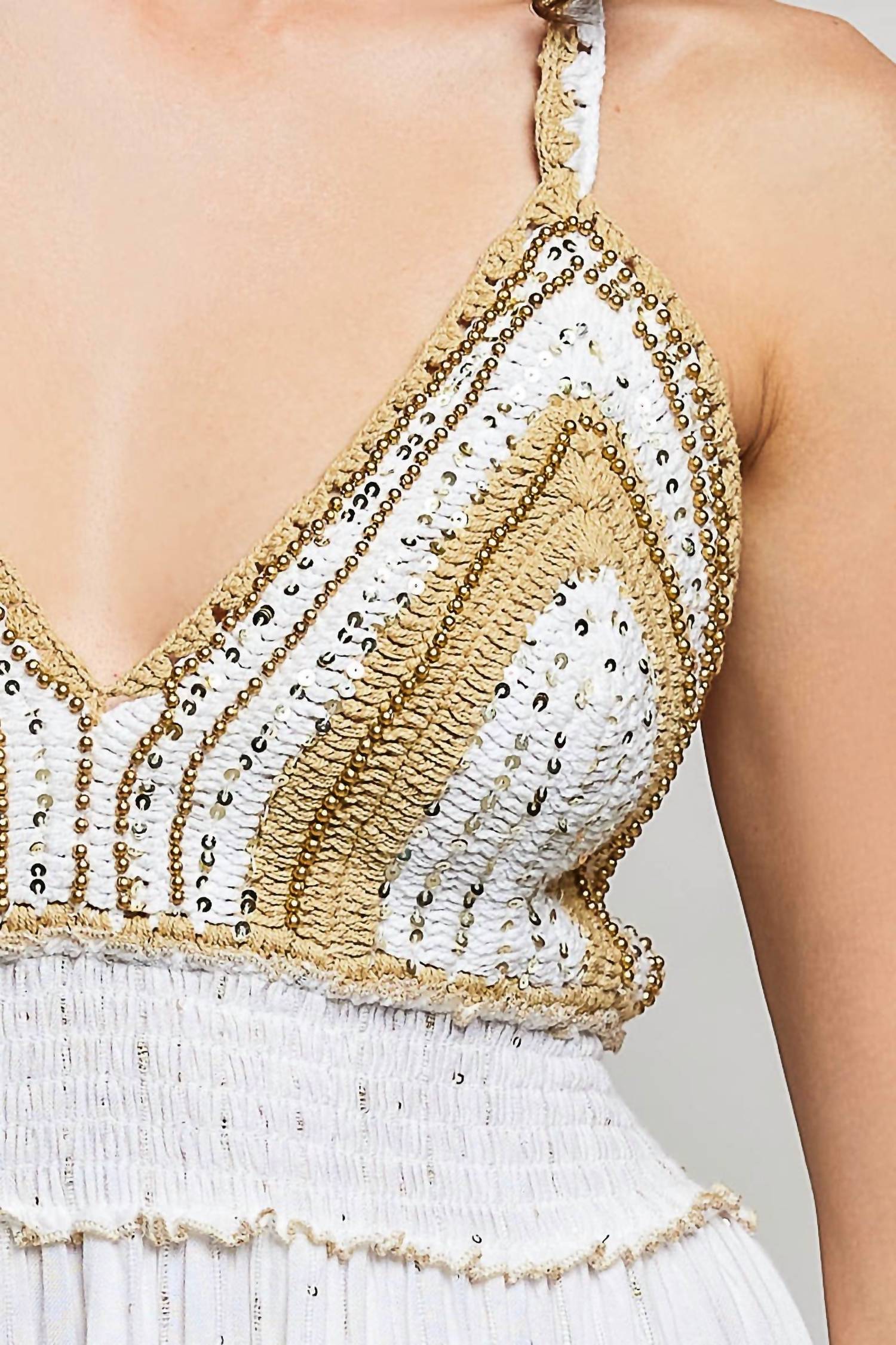 Pol - Corfu Crochet Sequin Metallic Halter Maxi Dress