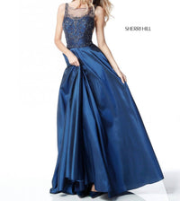 Sherri Hill Illusion Neckline Beaded Bodice Dress in navy - women's dress - detail view