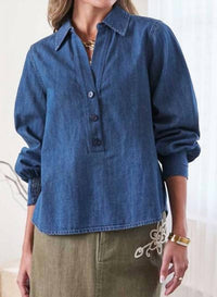 current air Women's Long Sleeve Half Button Denim Top in blue - women's blouse