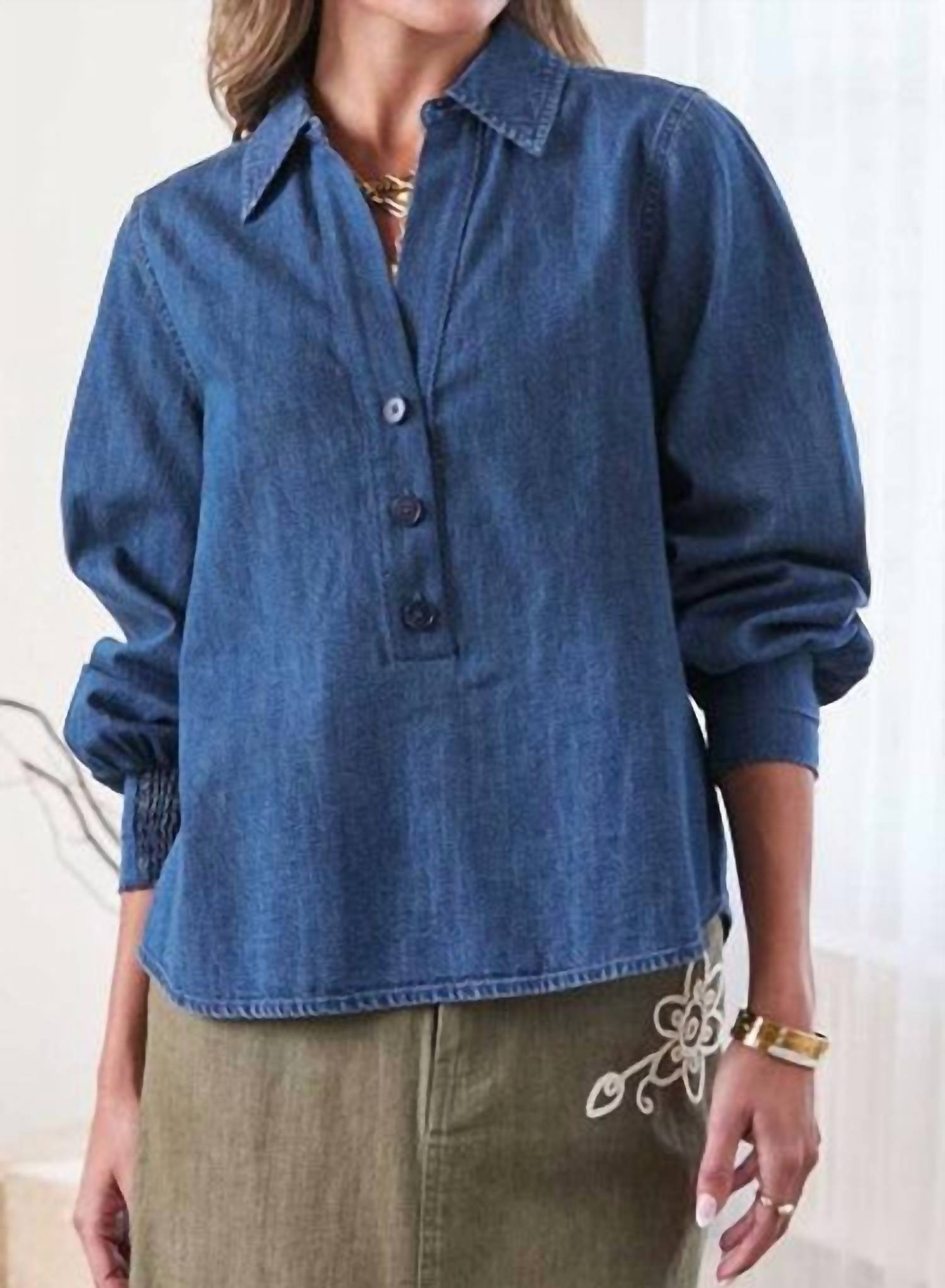 current air Women's Long Sleeve Half Button Denim Top in blue - women's blouse