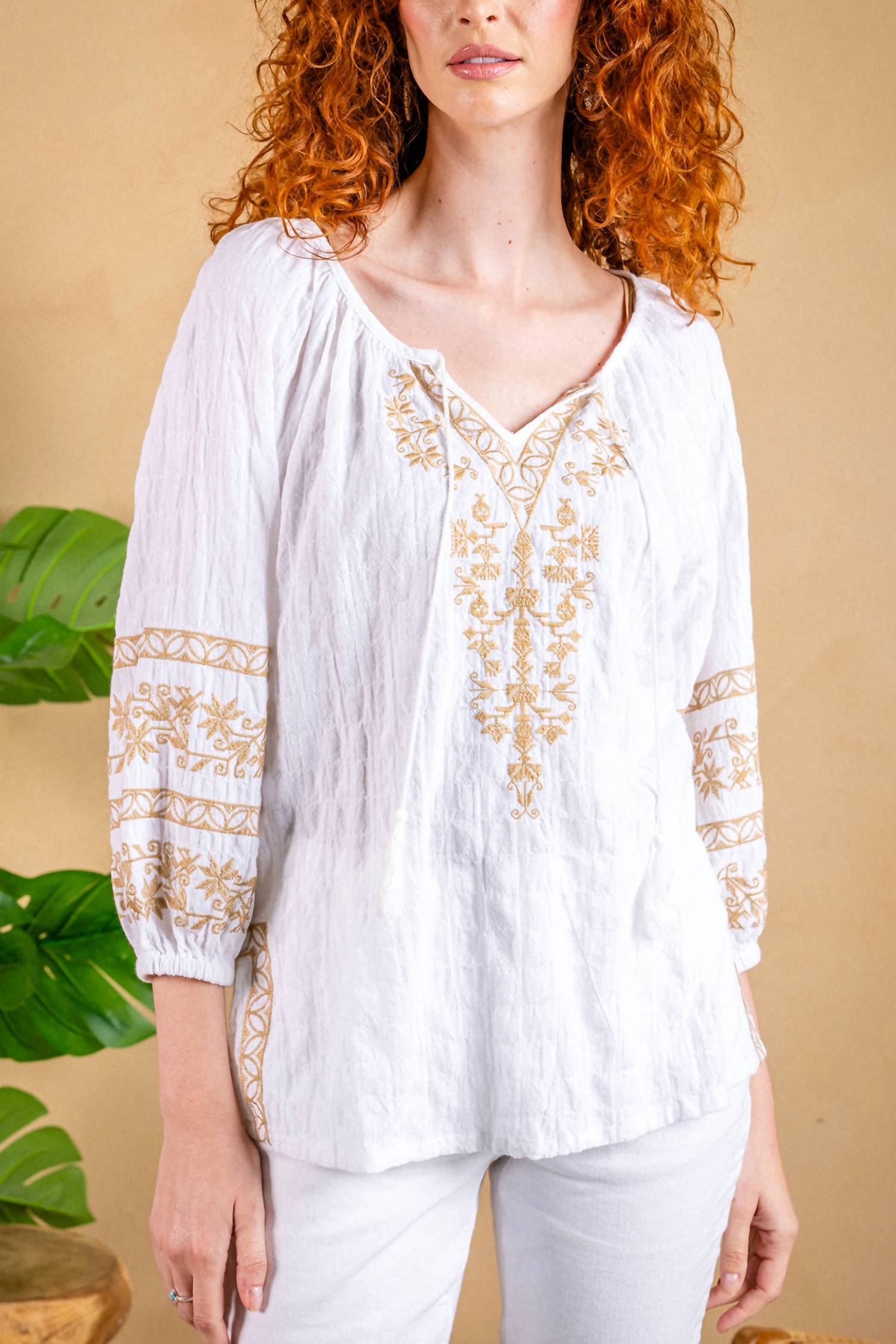 PAPARAZZI Textured Woven Embroidered Peasant Top in white - women's blouse - detail view