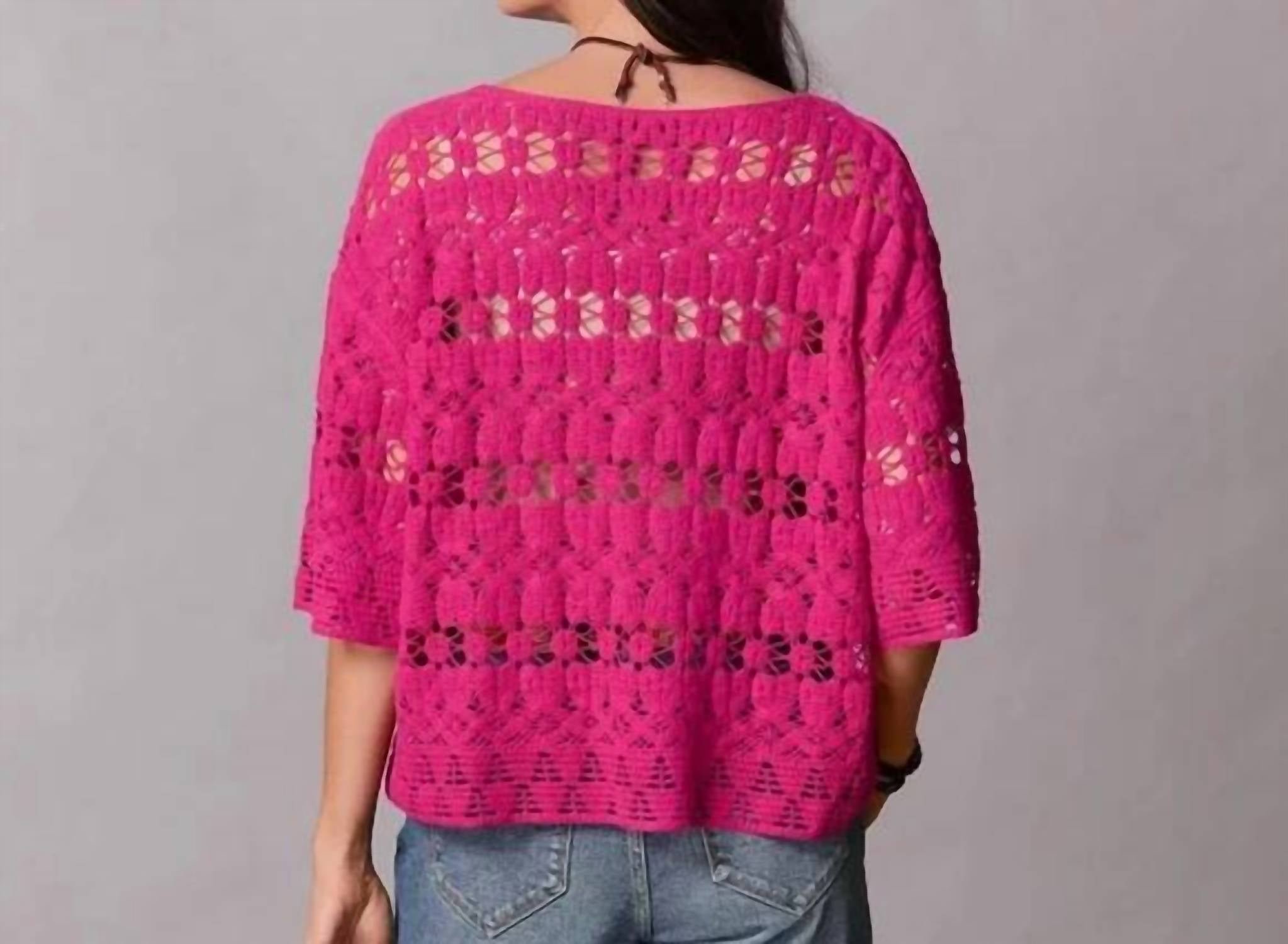 TRU LUXE Crochet Popover Top in magenta - women's sweater - detail view