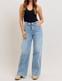 Judy Blue - Mid Rise Retro Fold-over Waistband Wide Leg Jeans