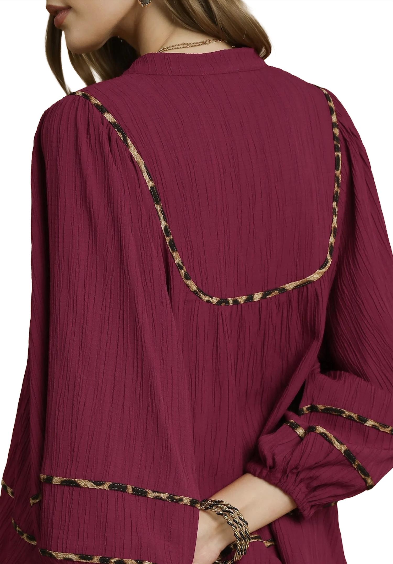 Umgee - Texture Fabric Blouse With Animal Print Trim