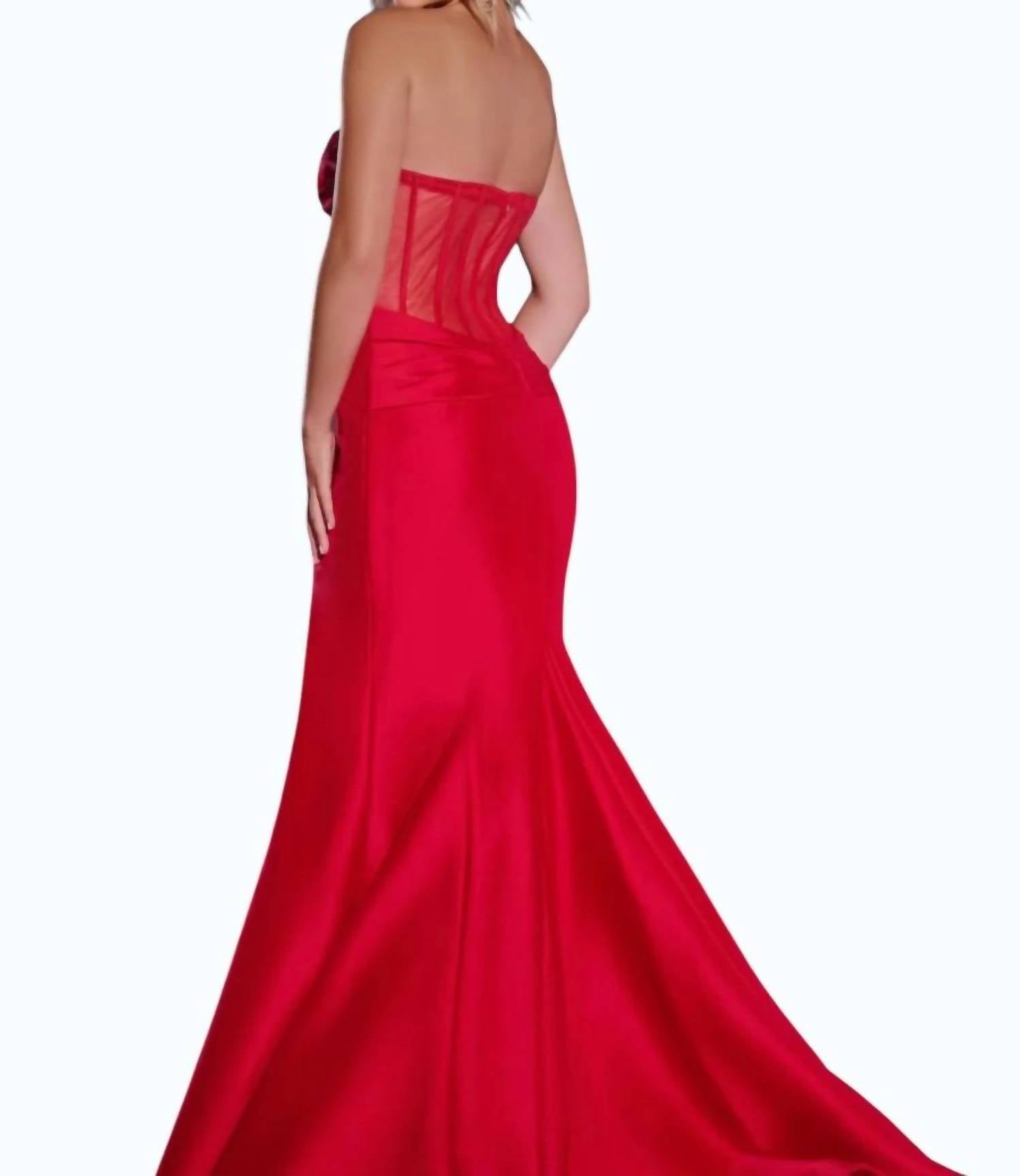 JOVANI Selena Long Formal Prom Dress in red - women's dress - detail view