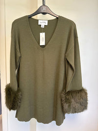 Joseph Ribkoff - V-neck Pullover Sweater With Fur Cuffs