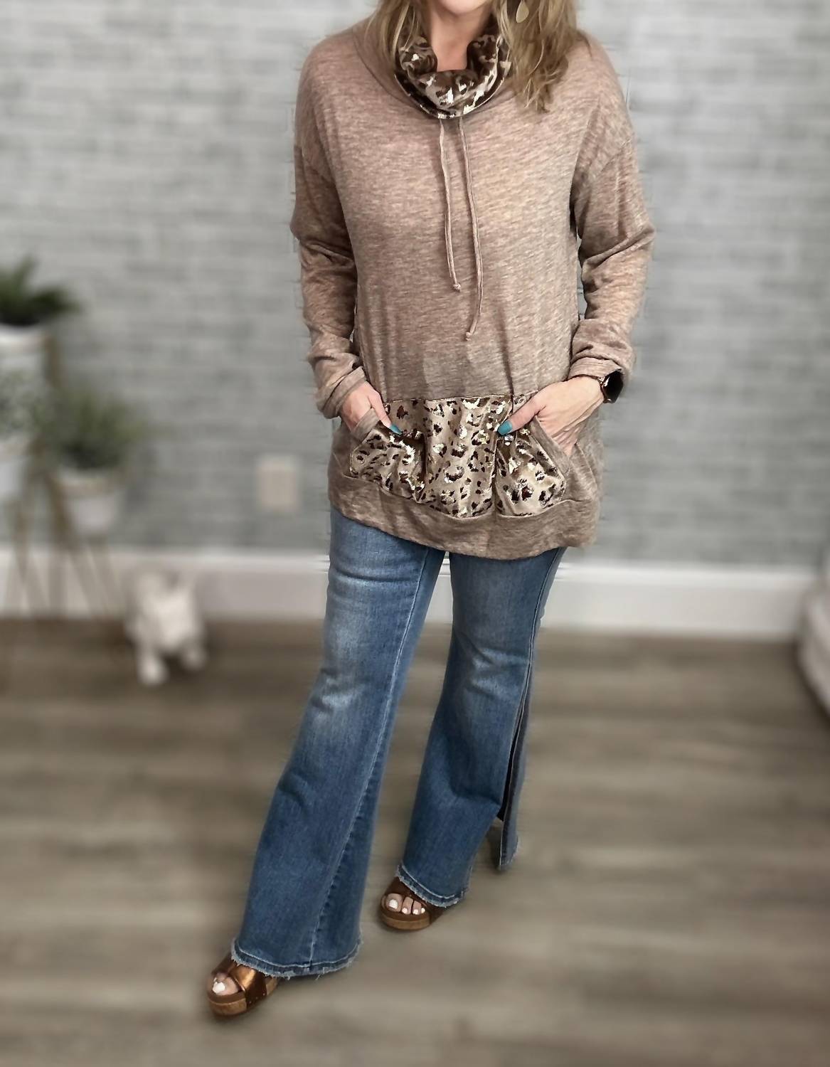 And The Why - Metallic Animal Print Accent Funnel Neck Top