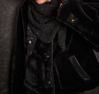 Joseph Ribkoff Sequined Knit Beanie in black silver 1 - women's hat - detail view
