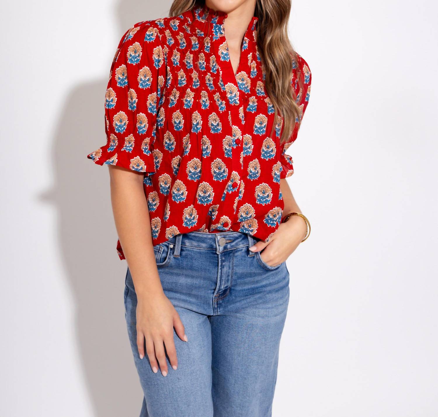 Thml - Floral Motif Ruffle Neck Top