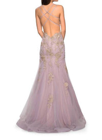 La Femme Lace Applique Tulle Mermaid Gown in mauve gold - women's dress - detail view