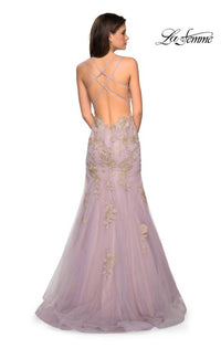 La Femme Lace Applique Tulle Mermaid Gown in mauve gold - women's dress - alternate view