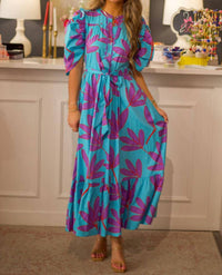 Karlie - Palm Leaf Tier Button Tie Maxi Dress