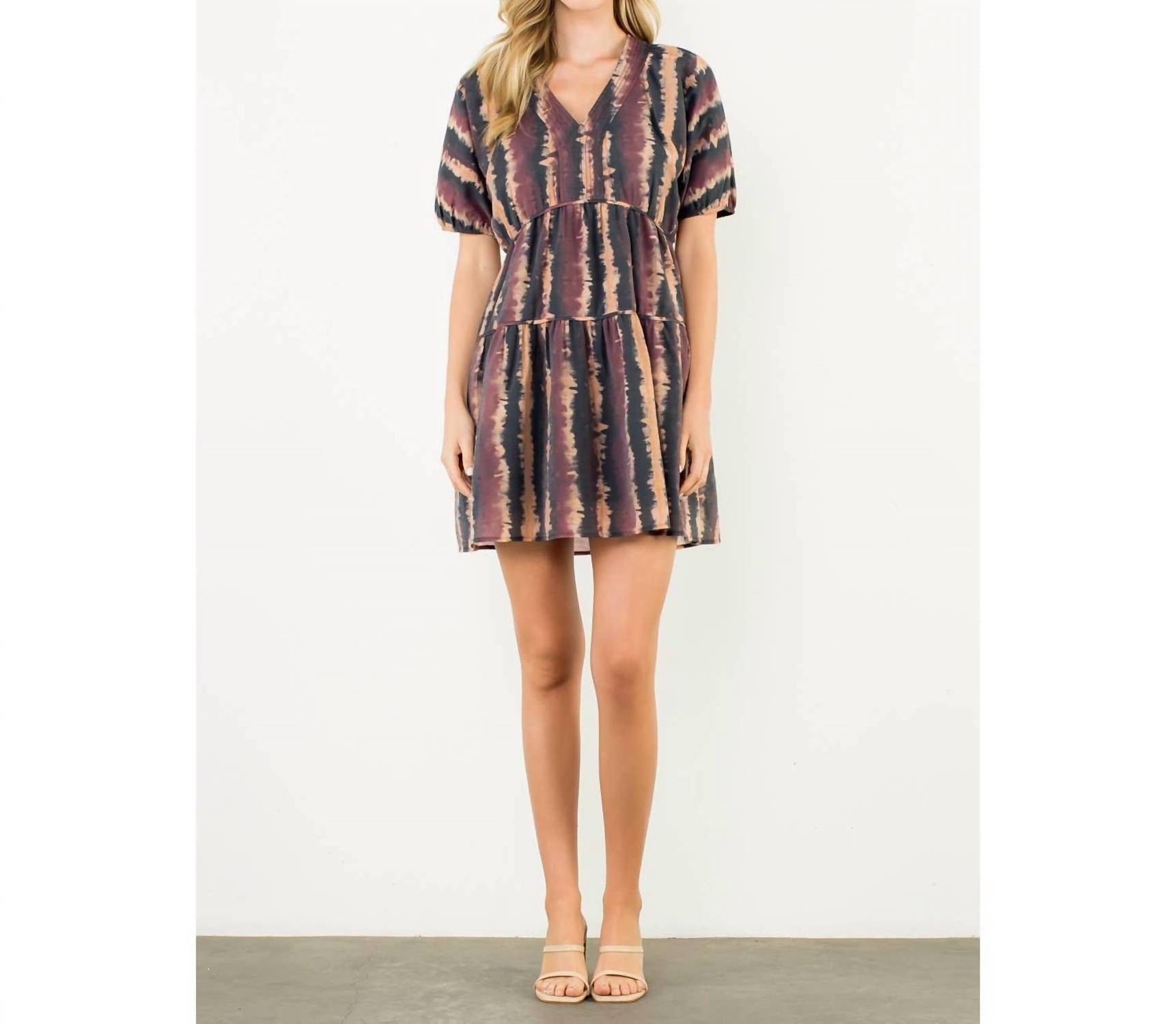 THML Pleated Trim Puff Sleeve Tie Dye Dress in wine - women's dress