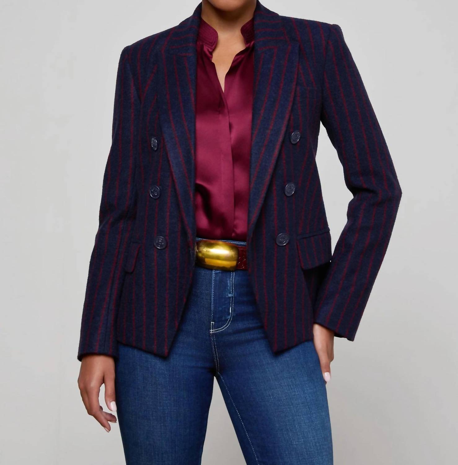 L'Agence Kenzie Pinstriped Blazer in midnight red pinstripe - women's jacket - detail view