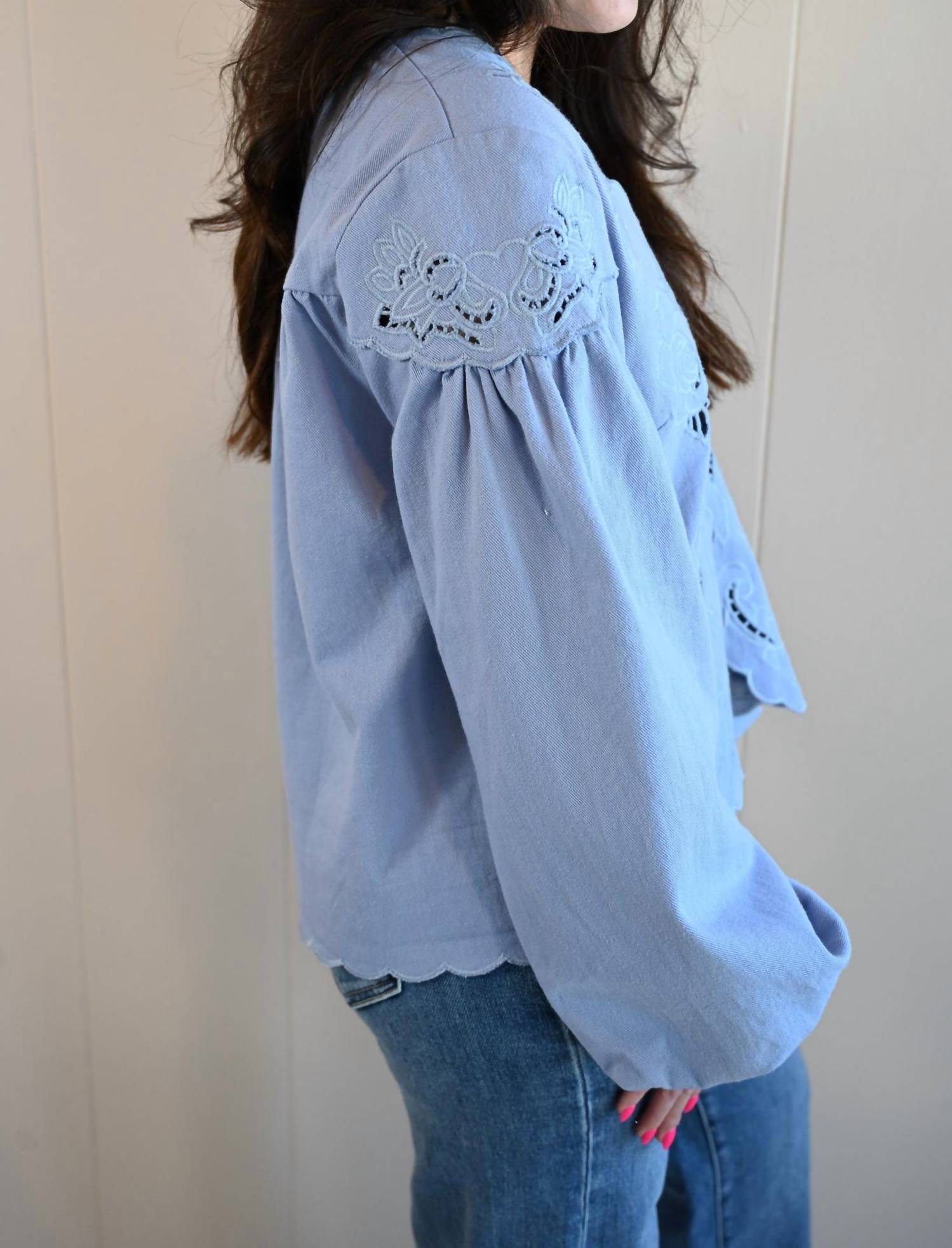Raisonnel Alder Street Cutout Blouse in bluebell - women's blouse - detail view