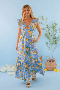 Skies Are Blue - Floral Pattern Dress With Oranges