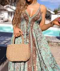 Lovesoft - Floral Print V Neck Ruffled Trim Backless Tassel Waist Maxi Dress