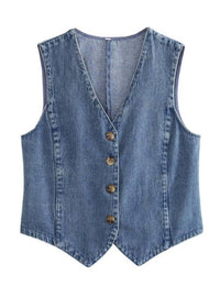 Sweetkama - Denim Solid V Neck Vest
