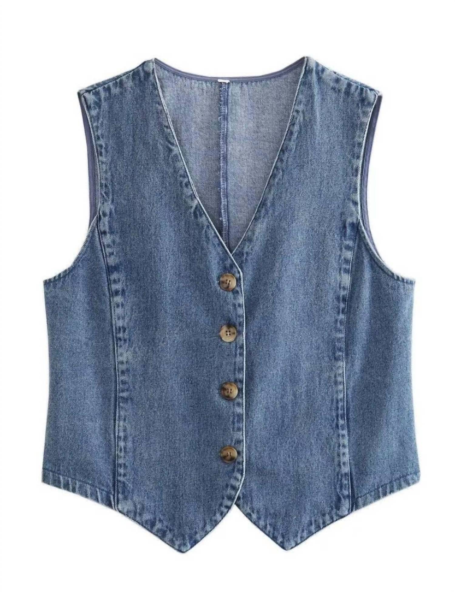 Sweetkama - Denim Solid V Neck Vest