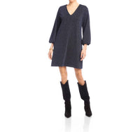 Karen Kane Blouson Sleeve Metallic Knit V-Neck Dress in navy - women's dress - detail view