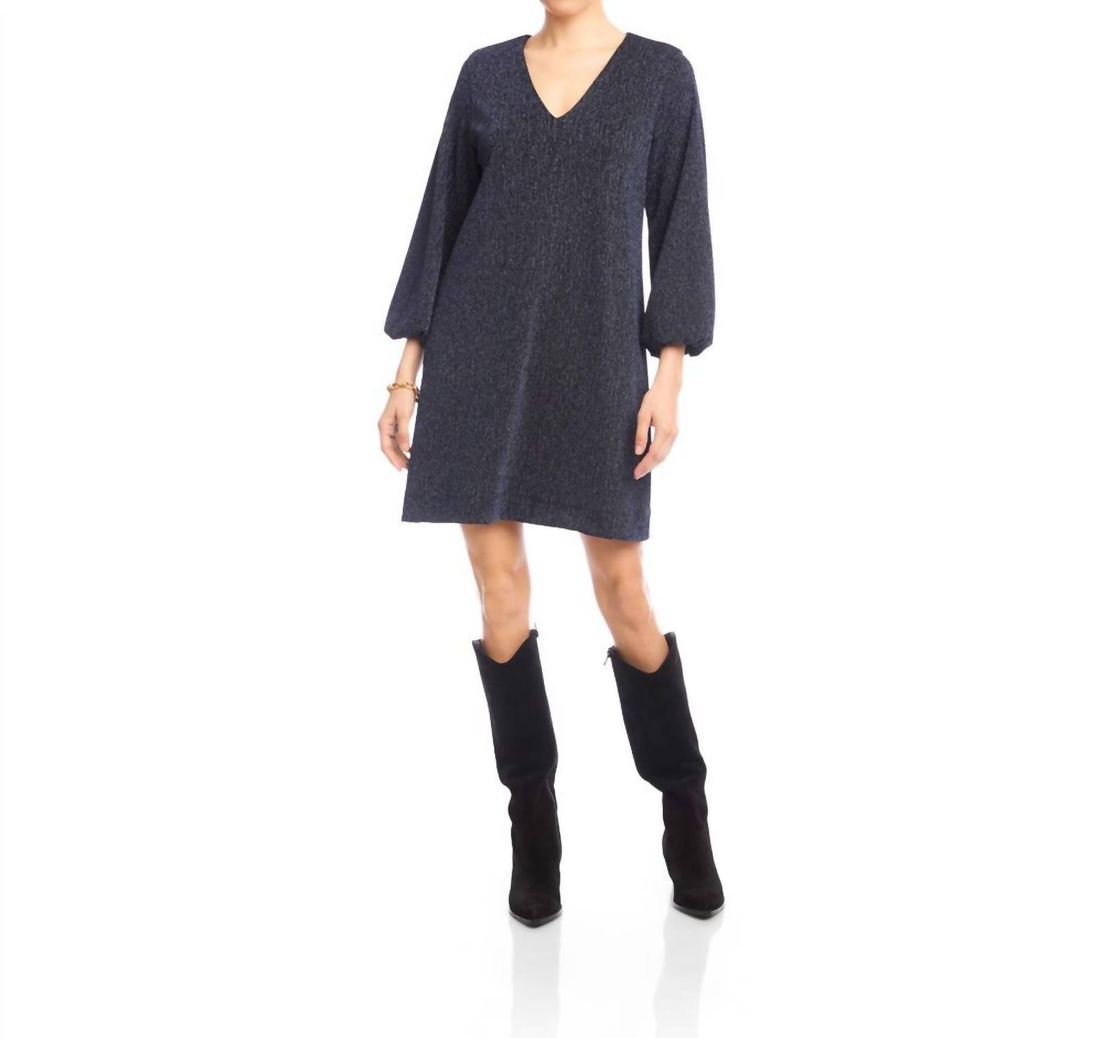 Karen Kane Blouson Sleeve Metallic Knit V-Neck Dress in navy - women's dress - detail view