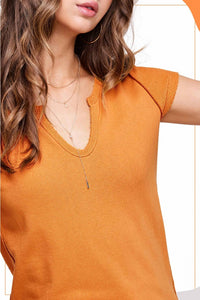 La Miel - Textured Soft Terry Fabric Raw Edge Short Sleeve Top