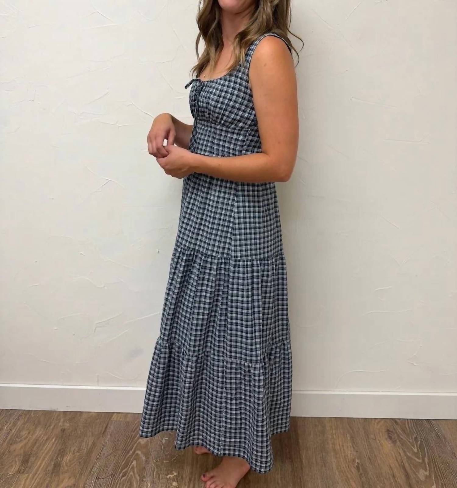 Blu Pepper - Plaid Front Tie Corset Detail Midi Dress