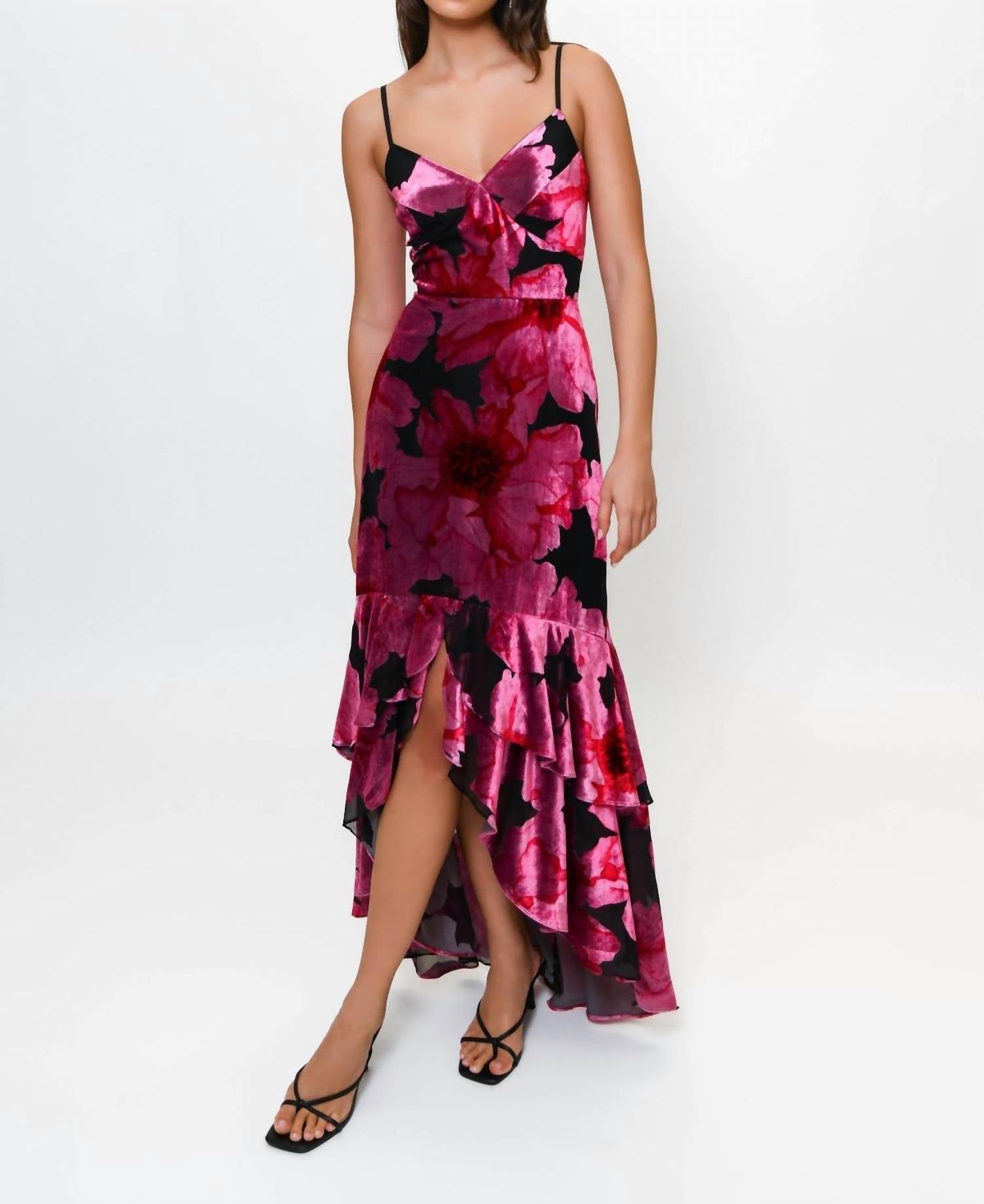 Hutch Women's Royce Velvet High-Low Dress - Black Pink Floral