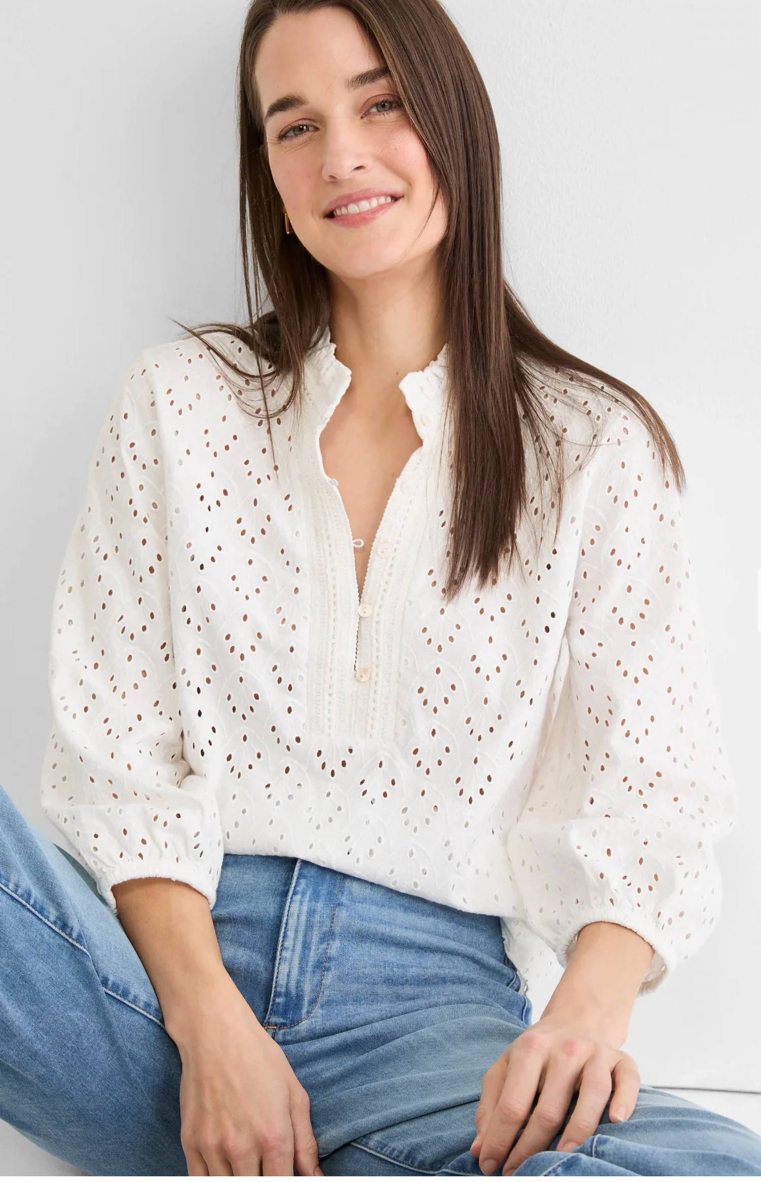 Nic + Zoe - Eyelet Ruffle Neck Shirt